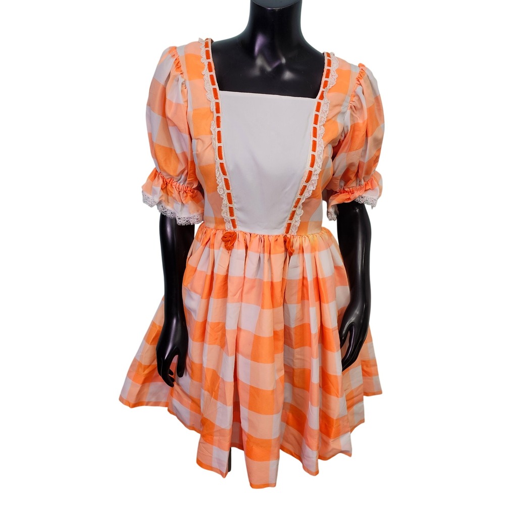 Vintage Orange Check Puff Sleeve Lace Trim Mini Dress Retro Square Dance Dolly